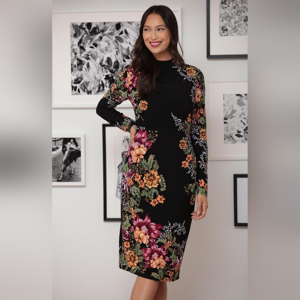 London Times Floral Crew Neck A-line Boycon Zip Slit Midi Dress